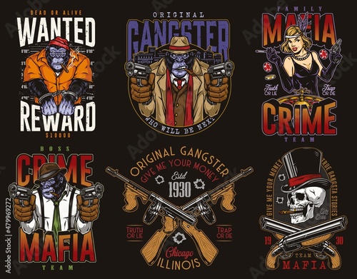Gorilla mafia colorful vintage emblem set