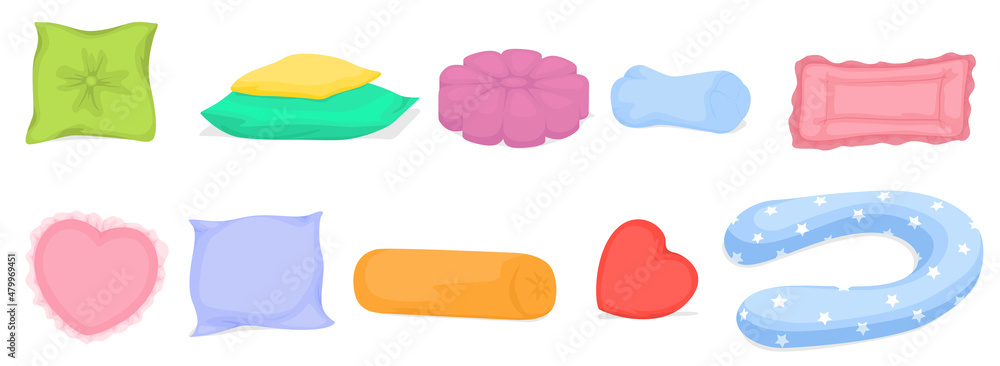 Pillow big set with decorative pattern, flat cartoon style. Interior textile. Pillows for sofa, bed, sleep. Feather, bamboo eco fabric. Colorful cushion various shapes design. Pillow big set with decorative pattern, flat cartoon style. Interior textile. Pillows for sofa, bed, sleep. Feather, bamboo eco fabric. Colorful cushion various shapes design.
