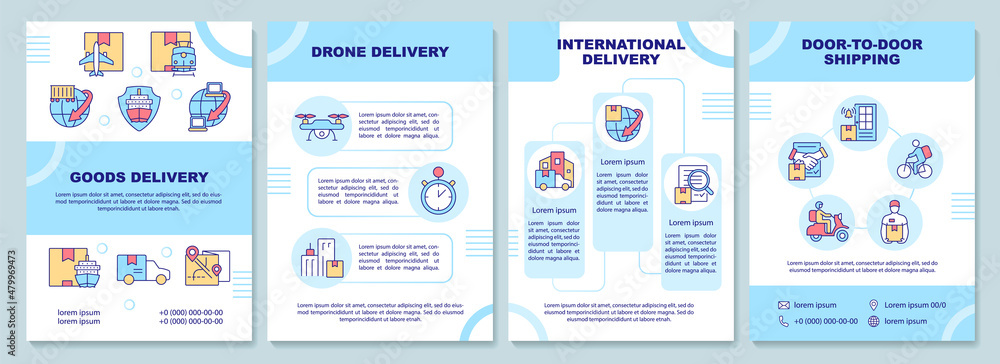 Goods delivery brochure template. Drop shipping. Booklet print design with linear icons. Vector layouts for presentation, annual reports, ads. Arial-Black, Myriad Pro-Regular fonts used