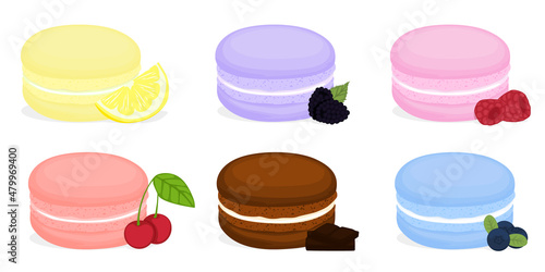 Colorful macaroons flavors. Macaroon cookies isolated on white background. Sweet and tasty vector template for cooking and restaurant menu.
