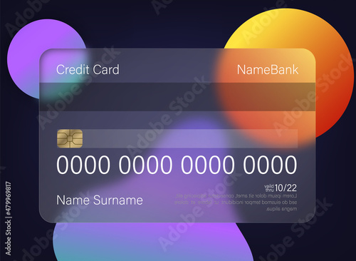 Glassmorphism credit card template. Credit card mockup icon. Glassmorphism style. Transparent plastic shopping debit cards. Glass bank payment card vector set