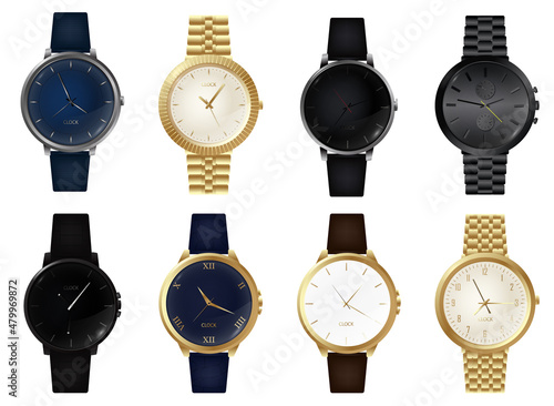 Realistic wrist watches set with leather and metal belts. 3D classic and modern business watches with chronograph, metal and leather bracelet and different clockworks faces.