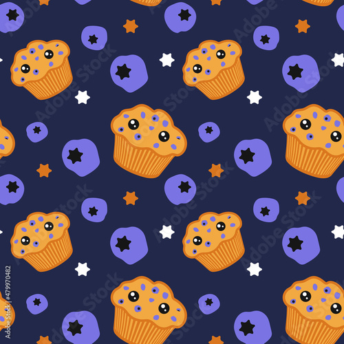 Seamless kawaii cartoon pattern with cute cupcakes.