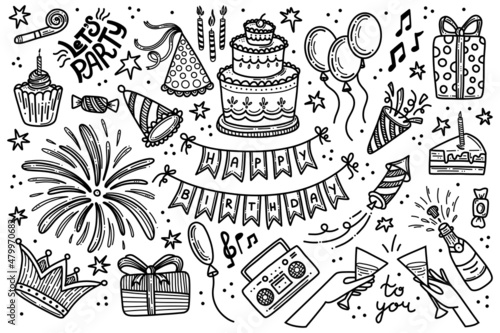 Party birthday doodle vector set. Happy birthday celebration hand drawn clipart big collection. Anniversary decoration objects