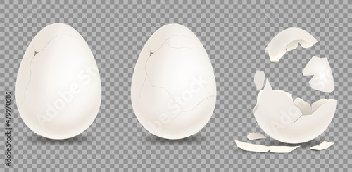 Cracked egg. Cartoon 3d realistic chicken broken eggs with cracks and smithers. Shell with cracks. Isolated on a transparent background. Stock vector template.