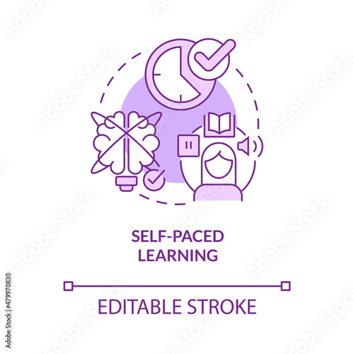 Self paced learning purple concept icon. Own time and schedule. Elearning abstract idea thin line illustration. Isolated outline drawing. Editable stroke. Roboto-Medium, Myriad Pro-Bold fonts used