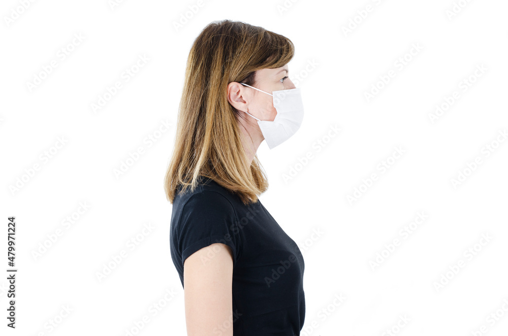 Side view of beautiful woman wearing medical face mask because of air, isolated on white background, copy space. Woman social distancing from corona virus covid-19. Studio shot, Side view of beautiful woman wearing medical face mask because of air, isolated on white background, copy space. Woman social distancing from corona virus covid-19. Studio shot,