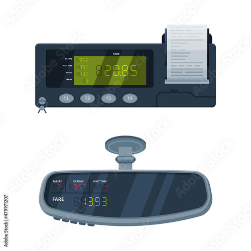 Taximeter as Electronic Device Installed in Taxicab for Calculating Passenger Fare Vector Set