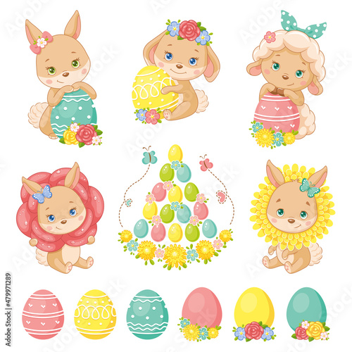 Easter set with bunnies, sheep and eggs. Cartoon vector illustration