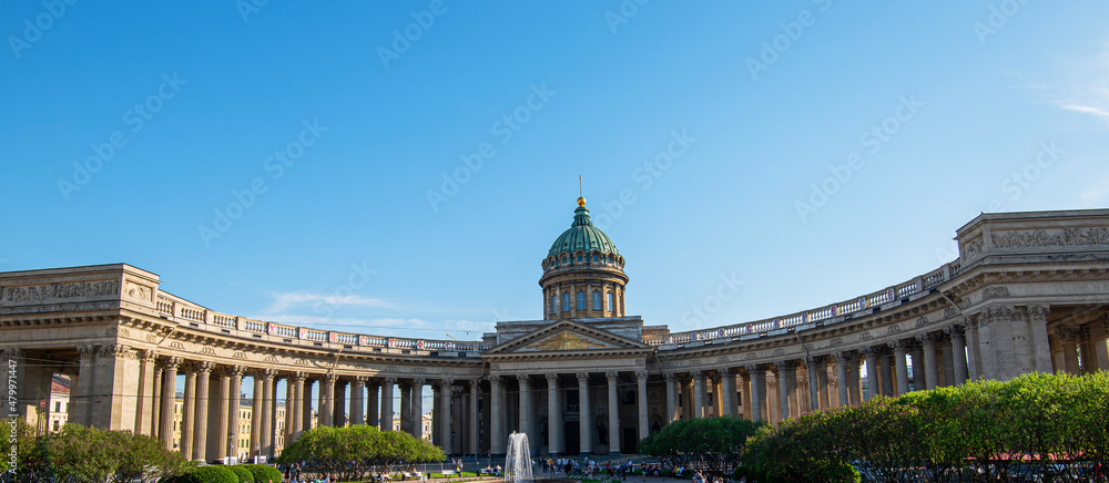 Kazan Cathedral in St. Petersburg under a blue sky and summer sunny day. St.Petersburg architecture andmuseums. Concept of travel around the world.
