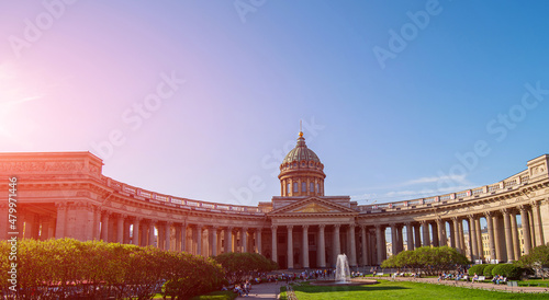 Kazan Cathedral in St. Petersburg under a blue sky and summer sunny day. St.Petersburg architecture andmuseums. Concept of travel around the world.