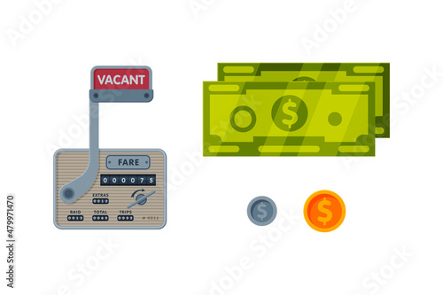 Cash Money and Taximeter as Device Installed in Taxicab for Calculating Passenger Fare Vector Set