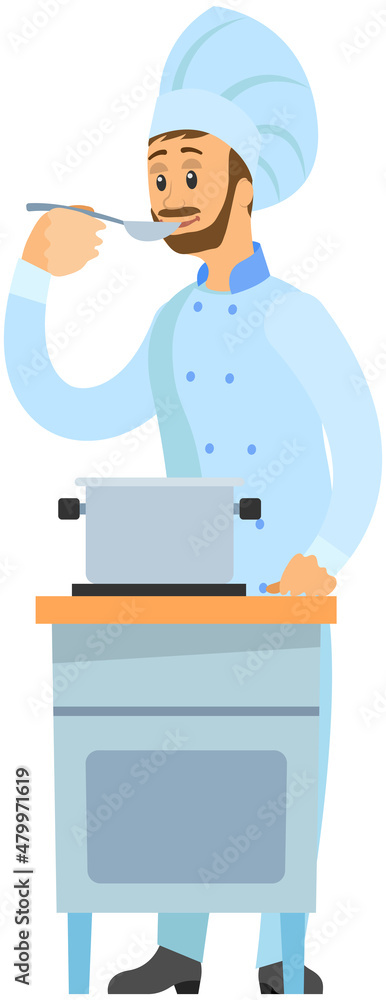 Professional chef stands with spoon and soup pot on stove. Man preparing dish, tasting meal. Chef works with kitchen equipment to prepare food. Male character tastes ingredients of hot dish Professional chef stands with spoon and soup pot on stove. Man preparing dish, tasting meal. Chef works with kitchen equipment to prepare food. Male character tastes ingredients of hot dish