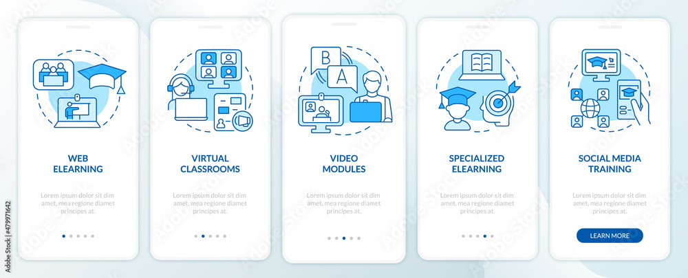 Elearning types blue onboarding mobile app screen. Online education walkthrough 5 steps graphic instructions pages with linear concepts. UI, UX, GUI template. Myriad Pro-Bold, Regular fonts used