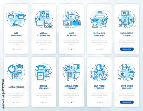 Electronic learning blue onboarding mobile app screen set. Walkthrough 5 steps graphic instructions pages with linear concepts. UI, UX, GUI template. Myriad Pro-Bold, Regular fonts used
