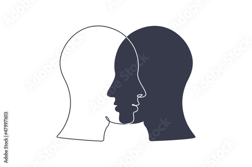 BPD Simple concept. Minimalistic Icon of human head with bipolar disorder or borderline personality disorder. Emotional dualism and Split Personality Disorder. Mental illness. Vector illustration photo