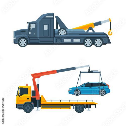 Tow Truck or Wrecker Moving Disabled or Impounded Motor Vehicle Vector Set