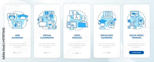 Elearning types blue onboarding mobile app screen. Online education walkthrough 5 steps graphic instructions pages with linear concepts. UI, UX, GUI template. Myriad Pro-Bold, Regular fonts used
