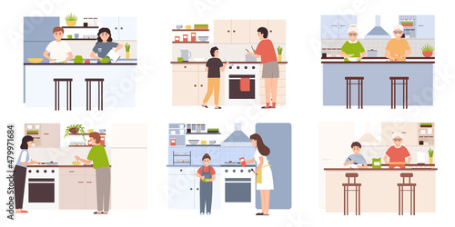 Collection of people cooking in kitchen, serving table, dining together, eating food. Set of smiling men, women and children preparing homemade meals for dinner.