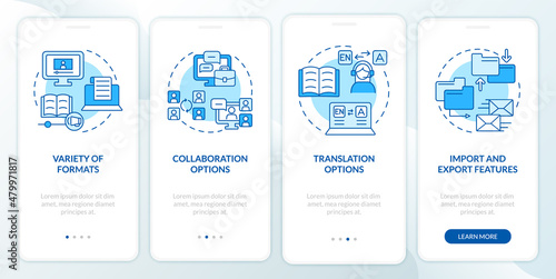 Elearning platforms features blue onboarding mobile app screen. Walkthrough 4 steps graphic instructions pages with linear concepts. UI, UX, GUI template. Myriad Pro-Bold, Regular fonts used