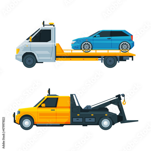 Tow Truck or Wrecker Moving Disabled or Impounded Motor Vehicle Vector Set