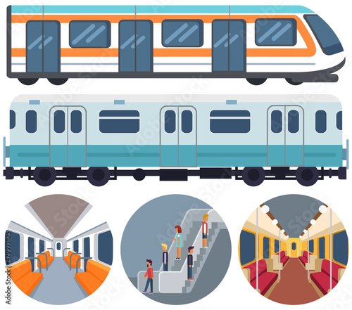 Metro station and passenger train vector illustration. Set with moving staircase, navigation, passenger seats, turnstile for website infographics. Trains of subway, high speed public transport metro