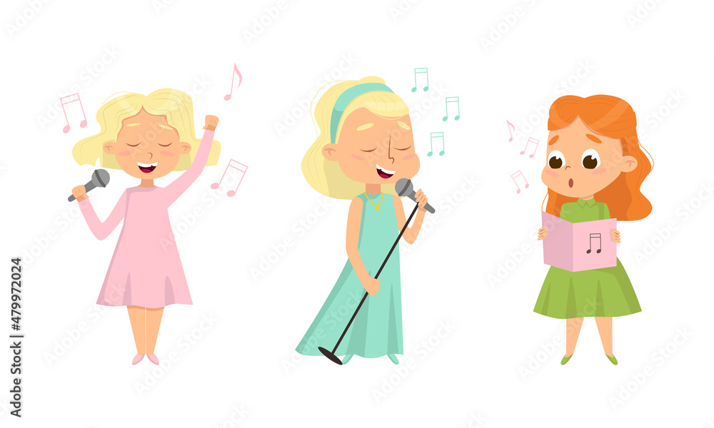 Funny Girl Standing with Microphone and Singing Song Vector Set