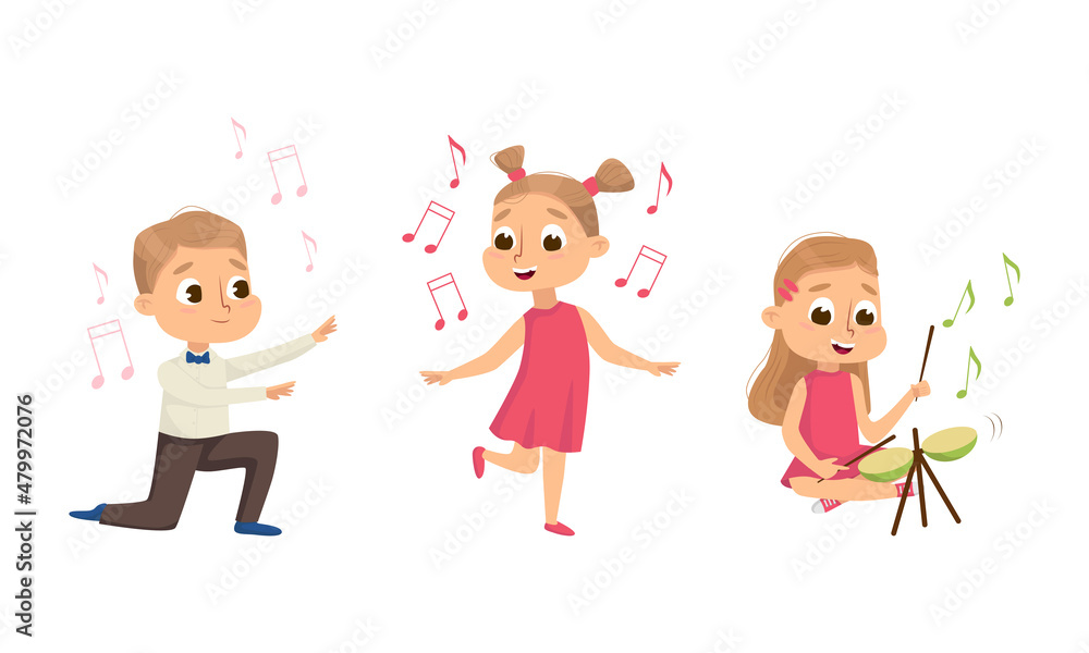 Funny Boy and Girl Dancing and Playing Drum Vector Set Funny Boy and Girl Dancing and Playing Drum Vector Set