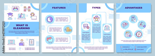 What is elearning brochure template. Computer learning. Booklet print design with linear icons. Vector layouts for presentation, annual reports, ads. Arial-Black, Myriad Pro-Regular fonts used