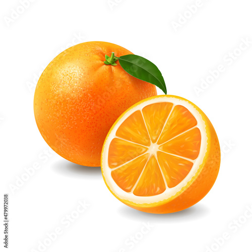 Fresh oranges fruits with green leaf. Half and whole isolated realistic oranges 3d ilustration vector
