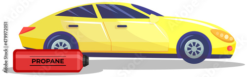 Transportation of gas cylinder, canister with fuel liquid. Balloon with flammable substance. Metal tank with liquefied compressed petroleum, propane. Pressurized gas for car