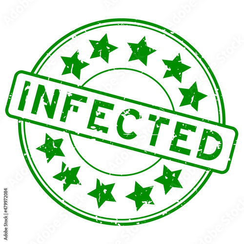 Grunge green infected word with star icon round rubber seal stamp on white background