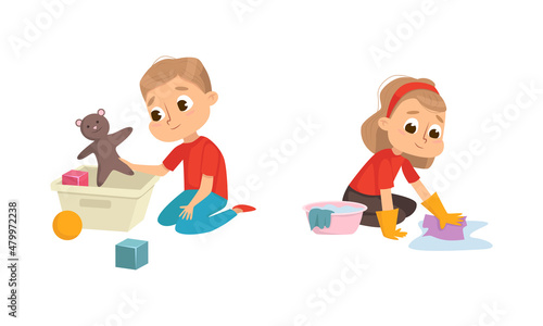 Little Big-eyed Boy Picking Up Toys in Box and Girl Washing Floor Vector Set