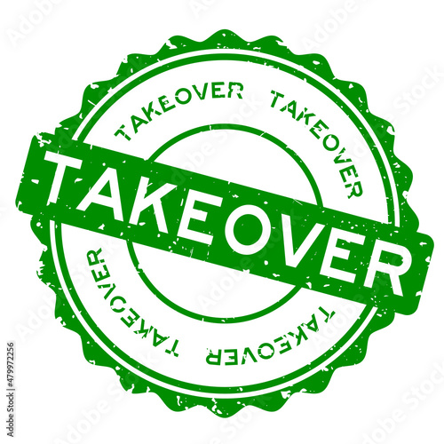 Grunge green takeover word round rubber seal stamp on white background