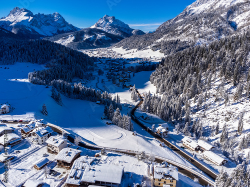 Cold and snowy winter. Sappada Dolomites from above.