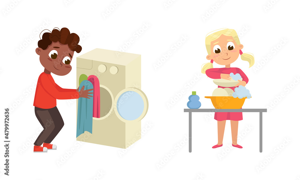 Little Big-eyed Boy Doing Laundry and Girl Washing Dishes Vector Set