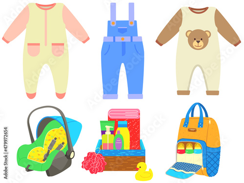 Baby care objects, newborn items supplies, set of icons. Objects for convenient pastime with child. Clothing for children, long sleeve jumpsuits near car seat, bath accessories, backpack with bottles