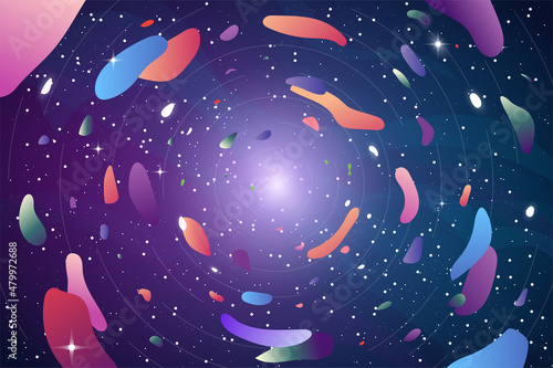 Background with orbits and flying around color gradient splashes. Stars and nebula on background. Concentric circles abstract. Mystery and creativity poster template. Arts and cosmos. 