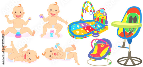 Multinational children, kids playing, baby care objects, newborn items supplies, set of icons. Toys, clothes, devices for transporting, bathing of babies. Babies in diapers crawling, smiling