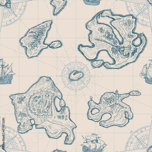 Decorative seamless pattern with hand-drawn islands, old ships and wind roses on an old paper backdrop. Monochrome vector background in retro style. Wallpaper, wrapping paper or fabric design