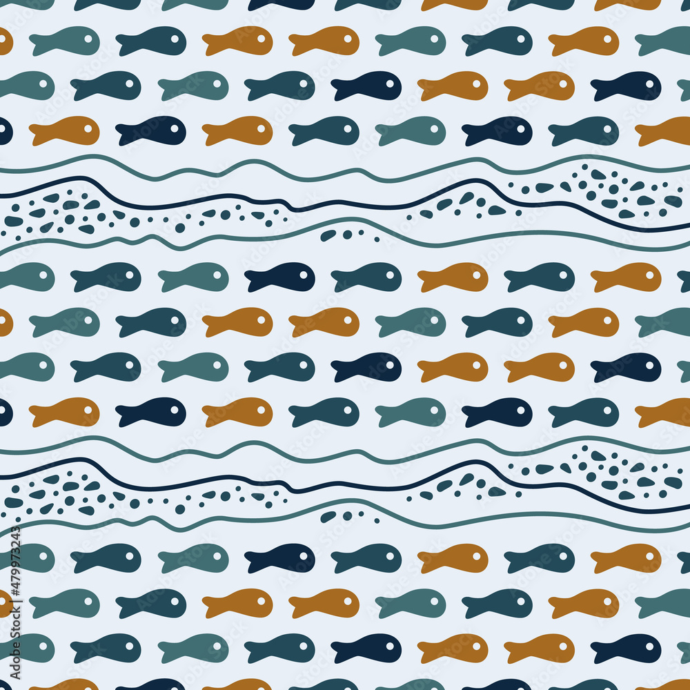 
Ocean and fish. Stylized multicolored underwater world. Flat vector illustration on light blue background.