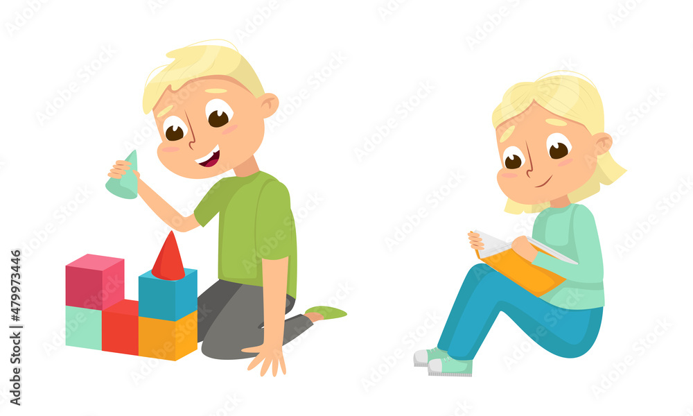 Cute Children in Class Studying School Subject Reading Book and Building Block Tower Vector Set Cute Children in Class Studying School Subject Reading Book and Building Block Tower Vector Set