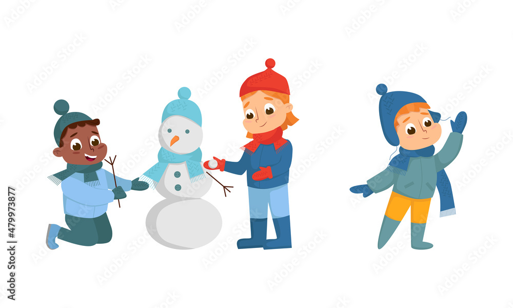 Cheerful Boy and Girl Waving Hand and Building Snowman Walking and Enjoying Winter Holiday Vector Set Cheerful Boy and Girl Waving Hand and Building Snowman Walking and Enjoying Winter Holiday Vector Set