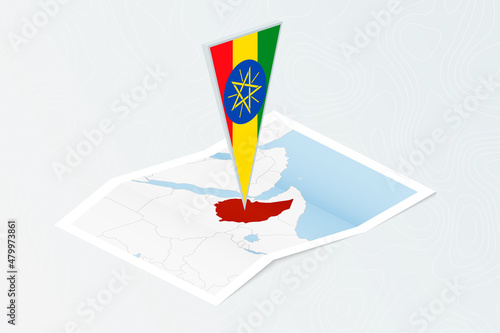 Isometric paper map of Ethiopia with triangular flag of Ethiopia in isometric style. Map on topographic background.