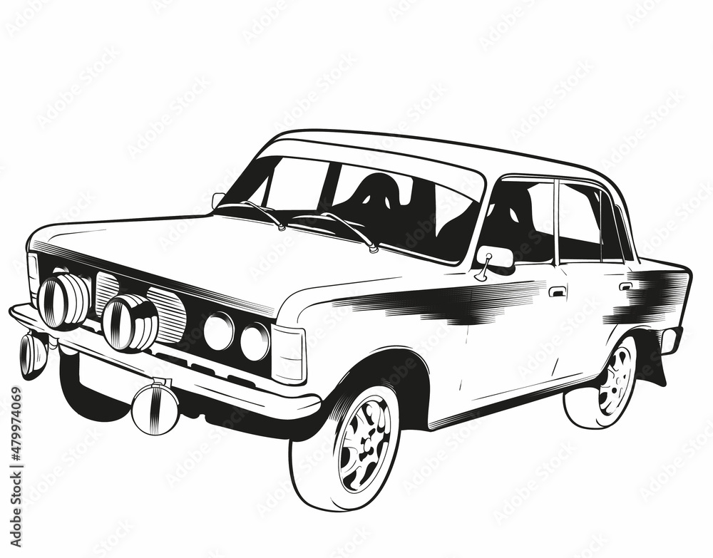 car cartoon classic retro vintage sketch sport rally on white background