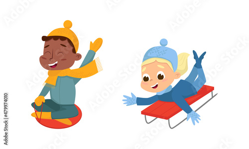 Cheerful Boy and Girl Sleighing and Sliding Downhill Walking and Enjoying Winter Holiday Vector Set © topvectors
