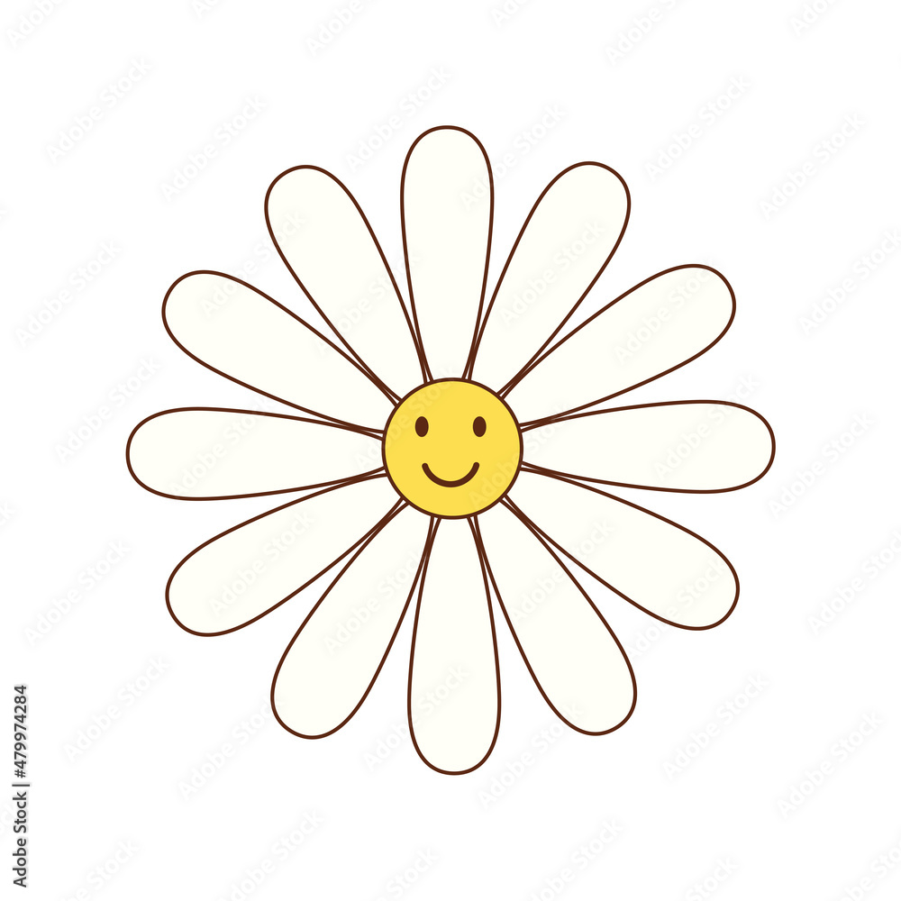 cute cartoon daisy flower. funny vector illustration of chamomile flower  with smiley face. hippie symbol, isolated on white background Stock Vector  | Adobe Stock