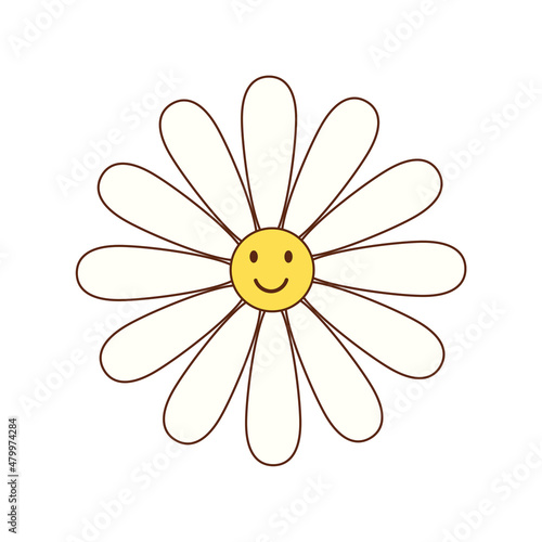 cute cartoon daisy flower. funny vector illustration of chamomile flower with smiley face. hippie symbol, isolated on white background