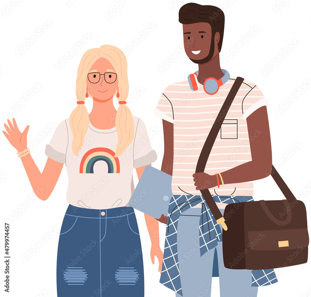 Happy school pupils or college students standing with books. Portrait of smiling people with backpacks. Diverse college, university students, schoolgirl and schoolboy with notebook and laptop studying