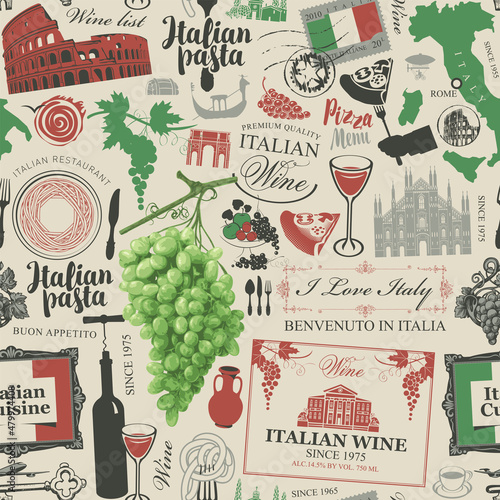Seamless pattern on the theme of Italy and Italian cuisine in the colors of the Italian flag in retro style. Repeating vector background. Suitable for wallpaper, wrapping paper or fabric design